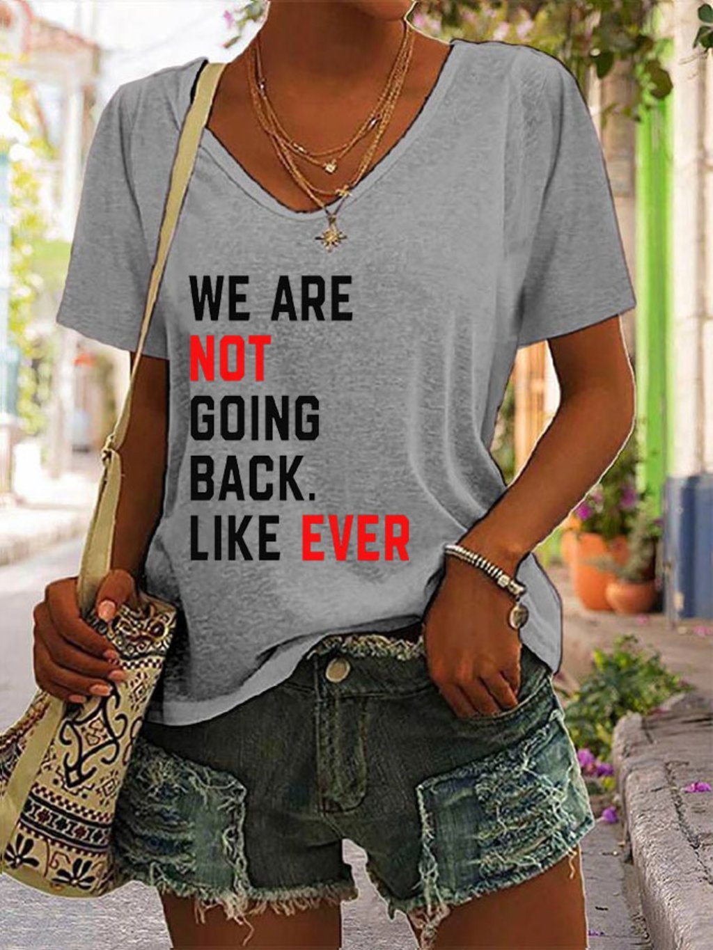 Women's We Are Not Going Back Like Ever Comma La Print V-Neck T-Shirt