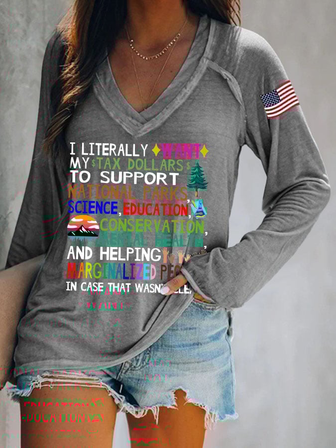 Women's Support National Parks Print V Neck Long Sleeve Shirt