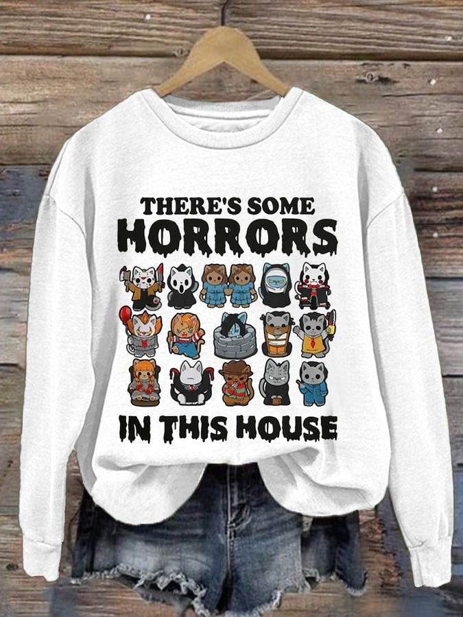 Women's There'S Some Horrors In This House, Halloween Cat Print Long Sleeve Sweatshirt