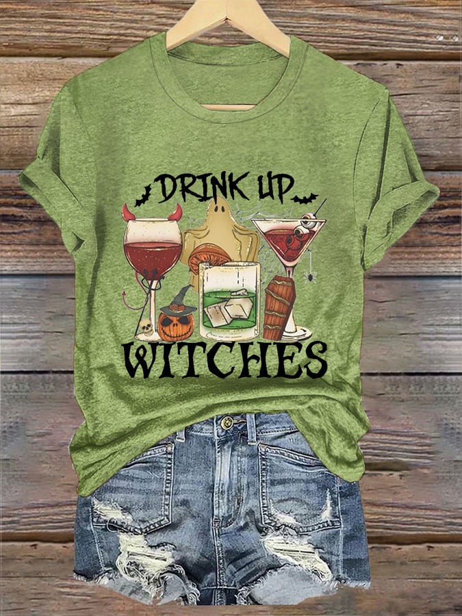 Women's Drink Up Witches Spooky Wine Glass Funny Halloween Casual Tee