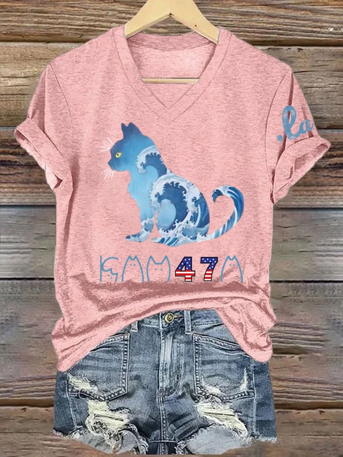 Women's La  Blue Wave Cat Printed Short-Sleeved T-Shirt