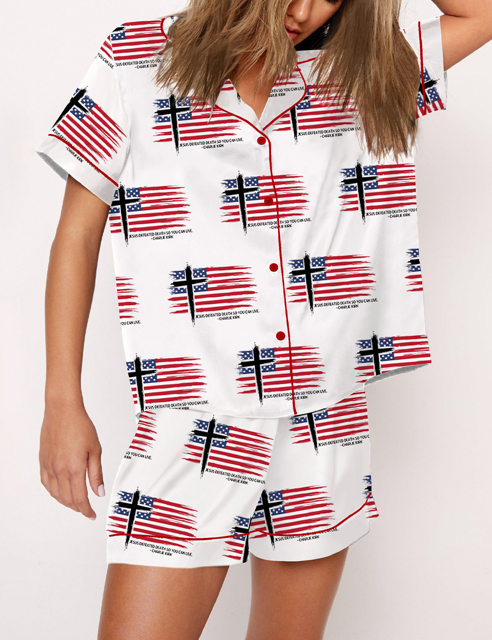 Women's Turning Point USA Freedom Jesus Defeated Death So You Can Live Satin Pajama Set