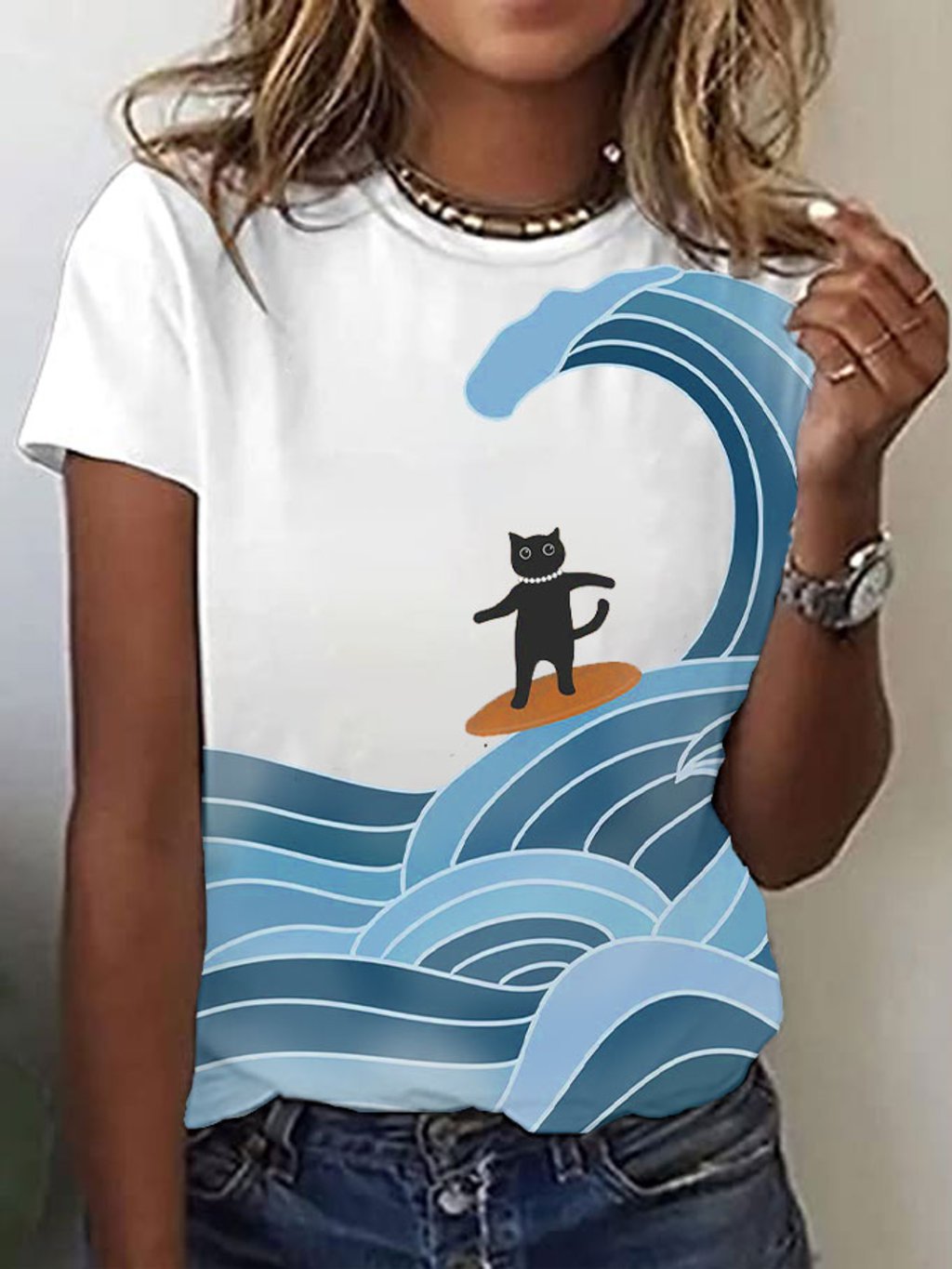 Women's Surfing Cat&Blue Wave Print T-Shirt
