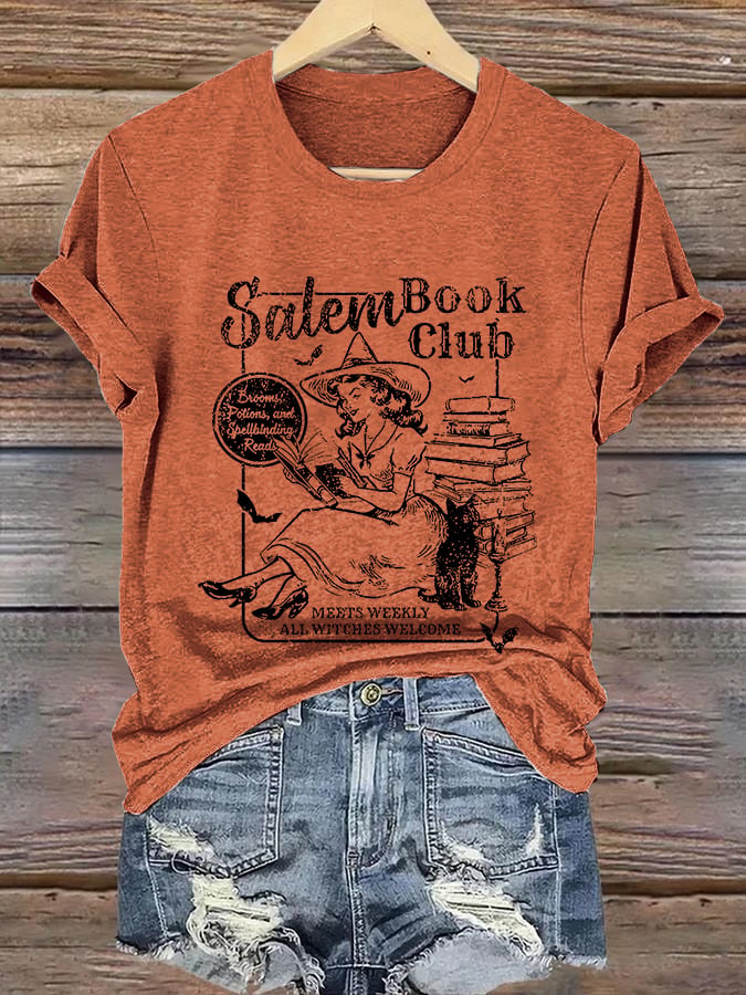 Retro Halloween Salem Book Club Print T-Shirt