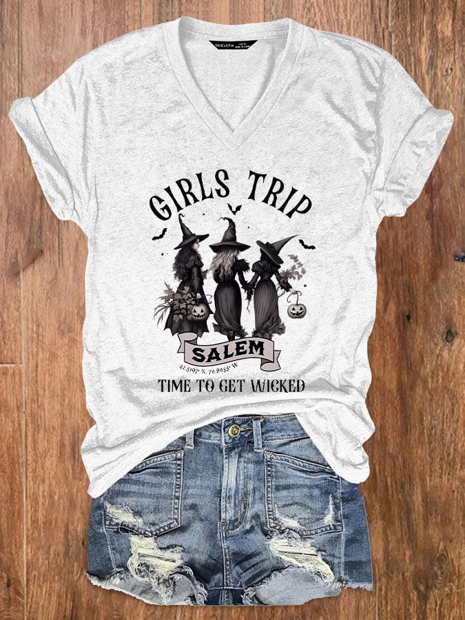 Women's Girls Trip Salem Printed Casual V Neck T-Shirt