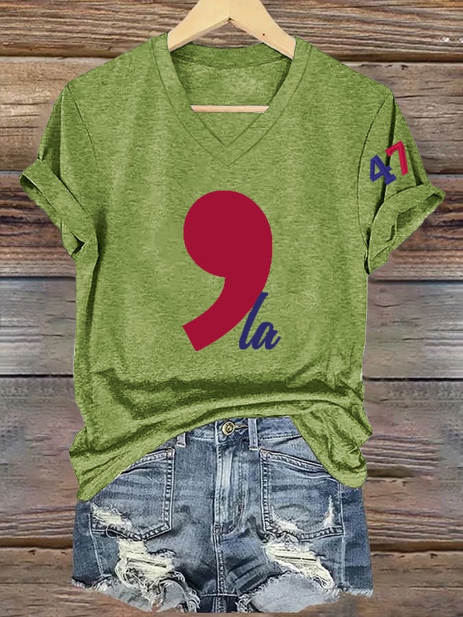 Women's La 47 Printed Casual V Neck T-Shirt