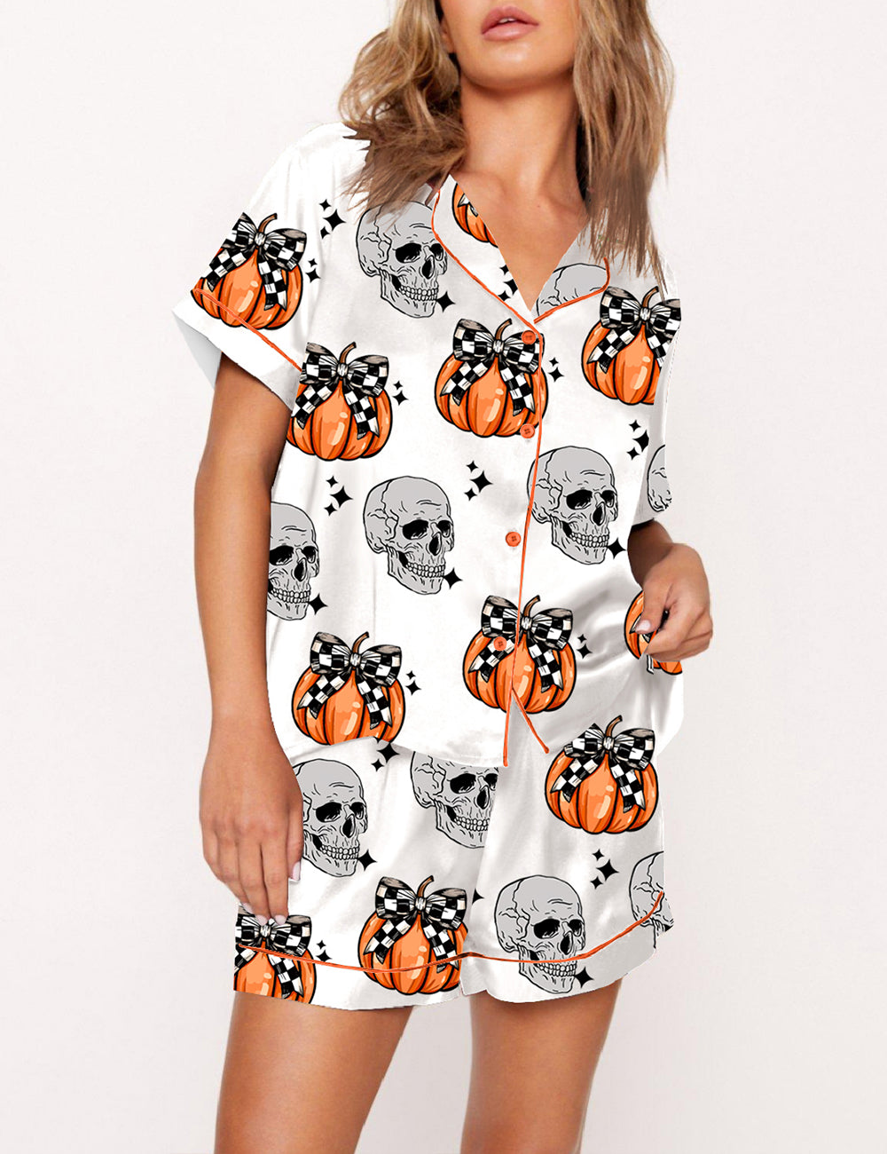 Women's Checkered Bow Pumpkin And Skelly Pajama Set