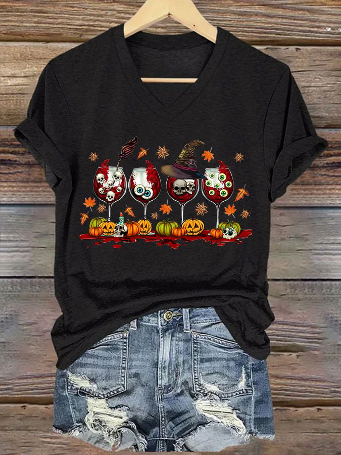 Women's Halloween Red Wine Printed Casual T-shirt