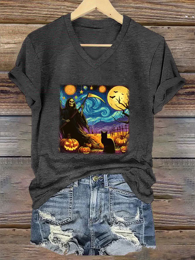Women's Halloween Oil Painting Cat Print V-Neck T-Shirt
