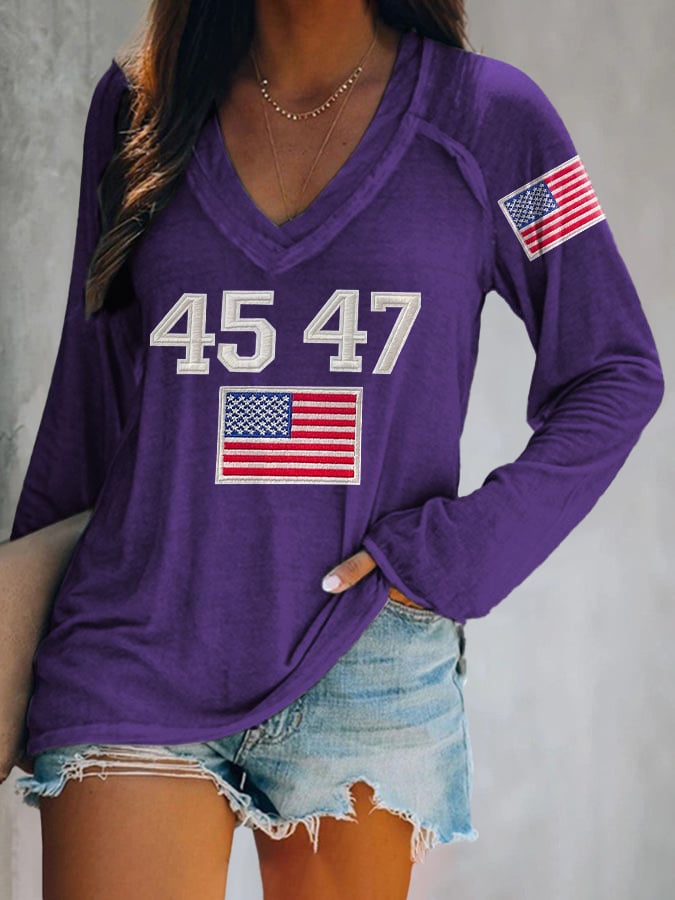 V-neck Retro 45 47 Print T-Shirt