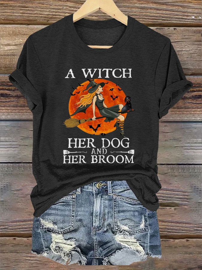 Women's A Witch Her Dog And Her Broom Print T-Shirt