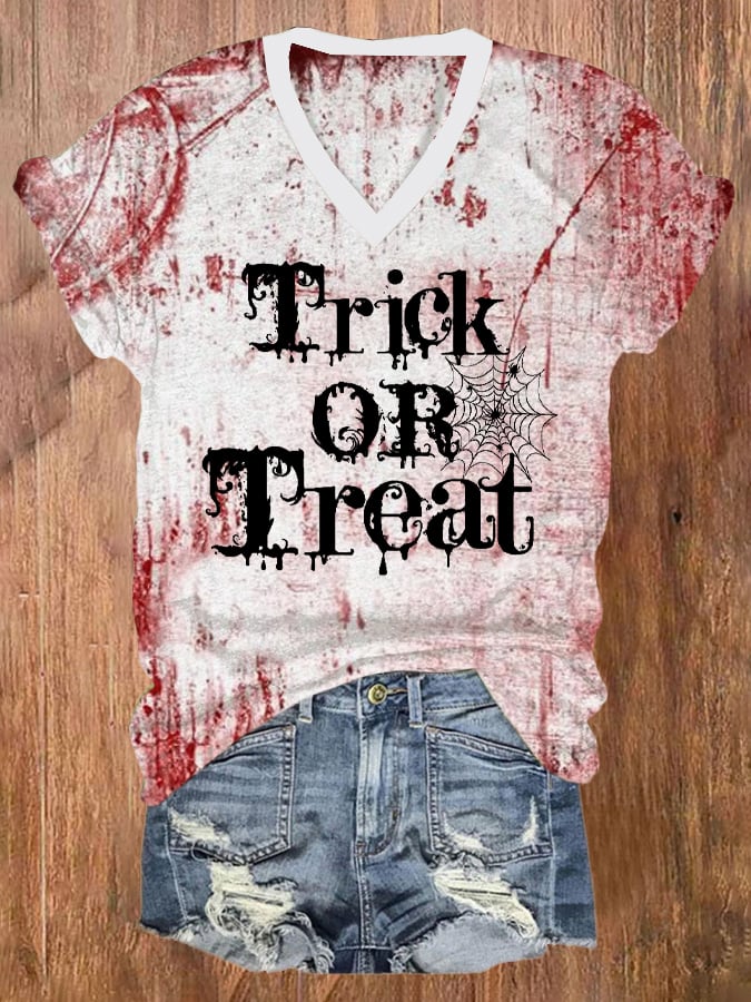 Women's Bloodstained Halloween Printed Round Neck Short Sleeve T-Shirt