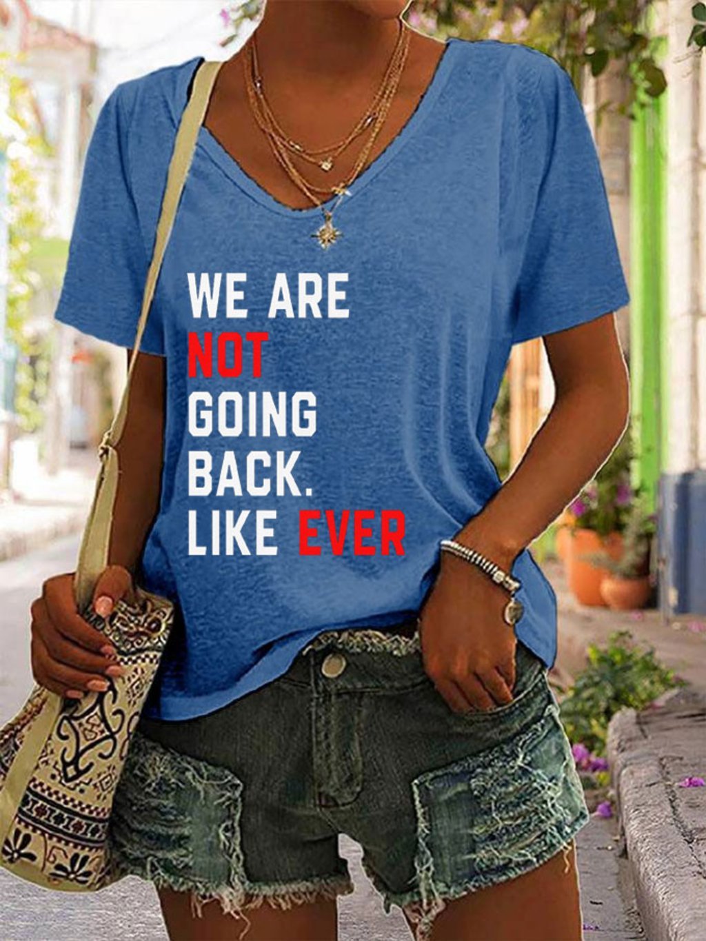 Women's We Are Not Going Back Like Ever Comma La Print V-Neck T-Shirt