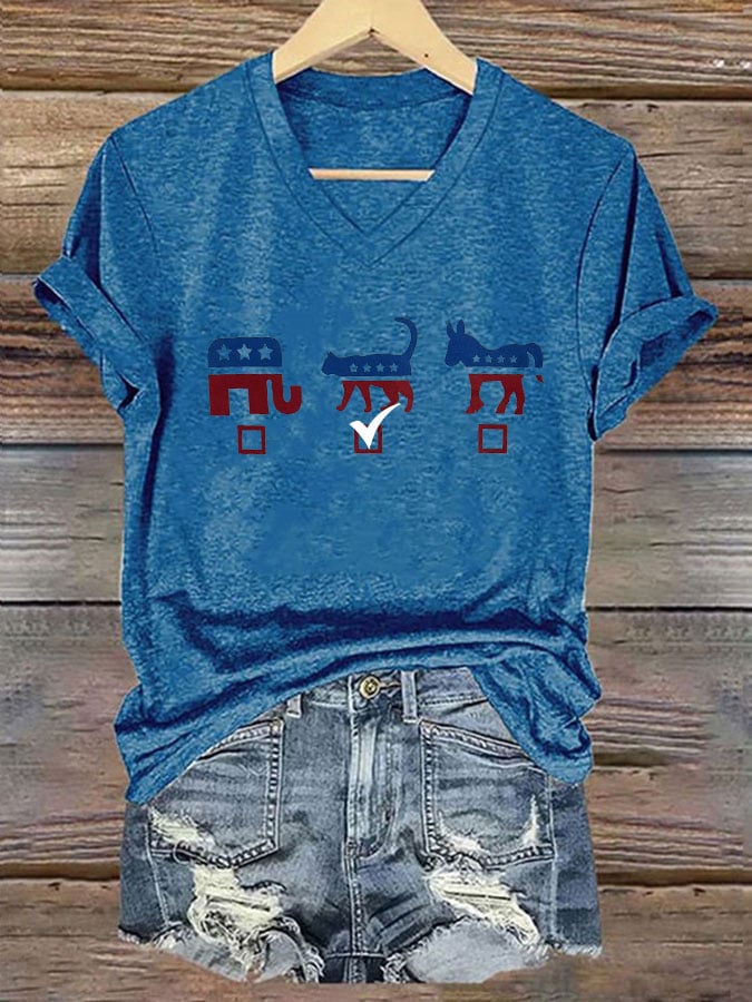 Women's Cat Kamala Print V-Neck T-Shirt