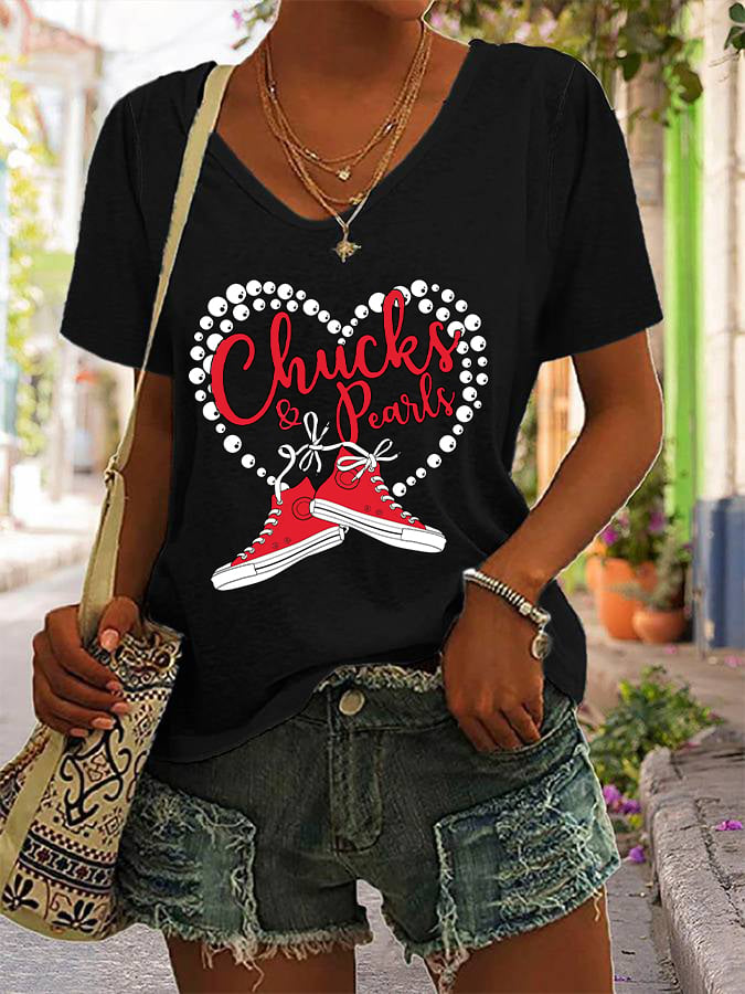 Women's Chucks & Pearls Pearl Heart Print V-Neck T-Shirt