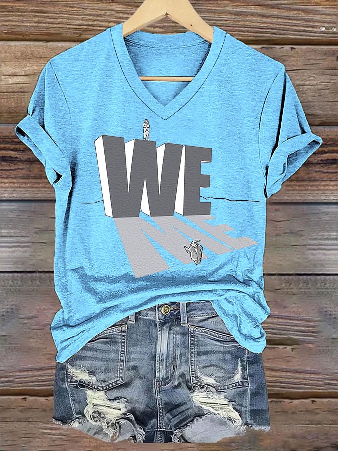 Women's Blue Wave Print V-Neck T-Shirt