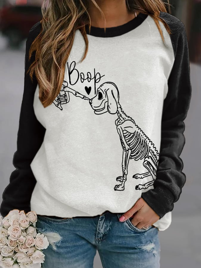 Retro Halloween Dog Skeleton Print Sweatshirt