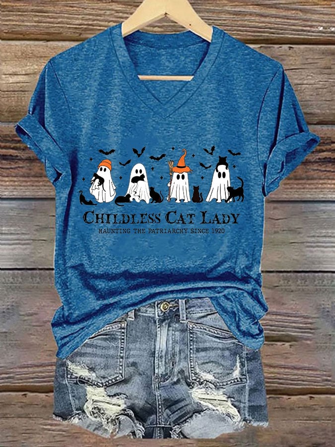 Women's Halloween Childless Cat Lady Print T-Shirt