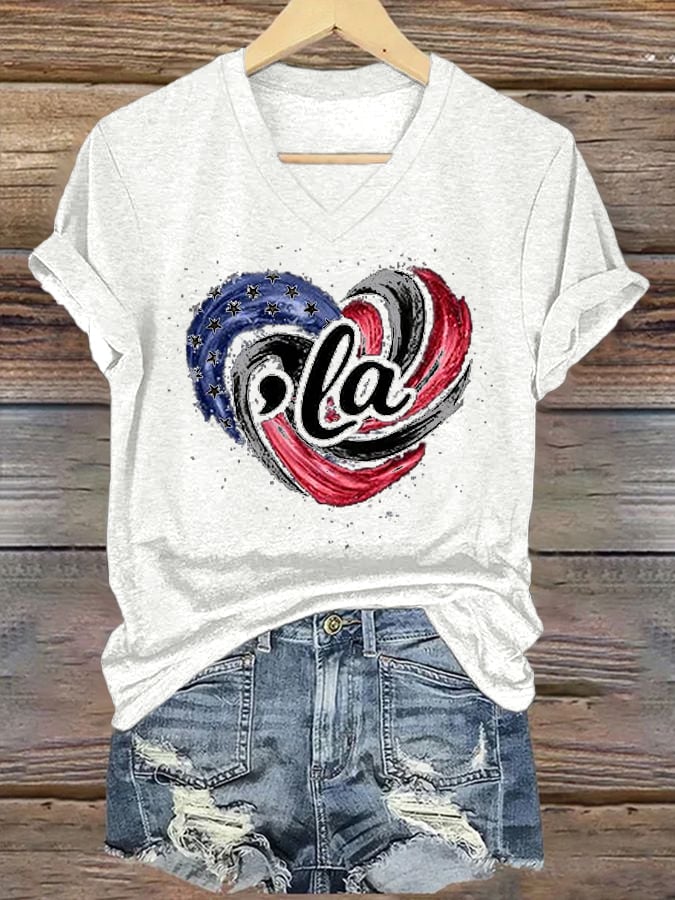 La Flag Printed Casual V Neck T-Shirt