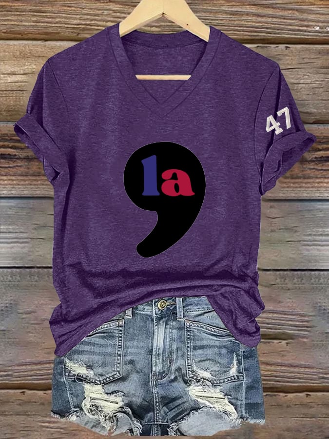 Women's Vintage La 47 Printed Casual V Neck T-Shirt