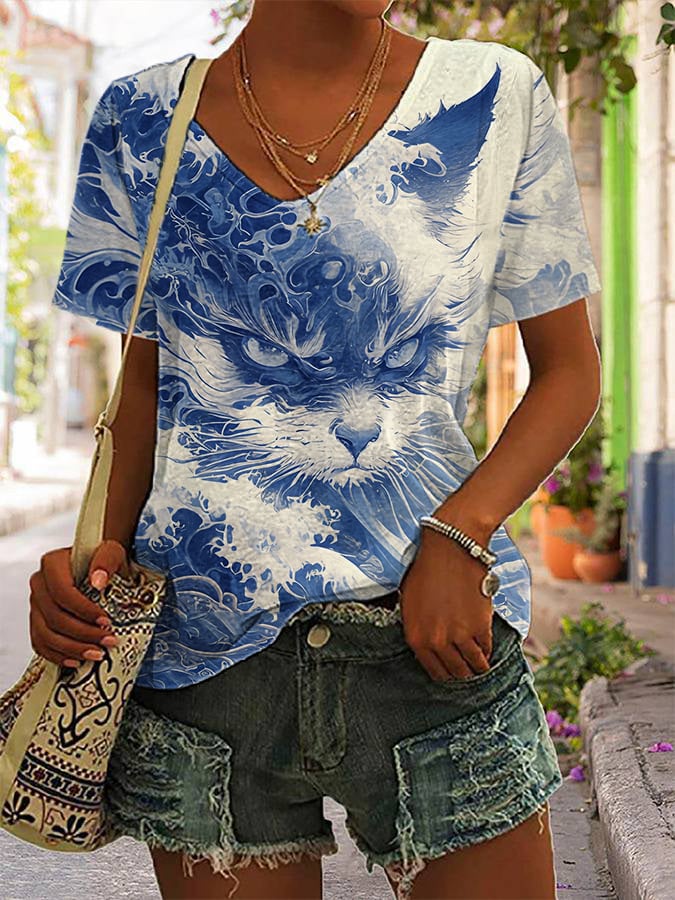 Women's Blue Waves&Cats Print V-neck T-Shirt