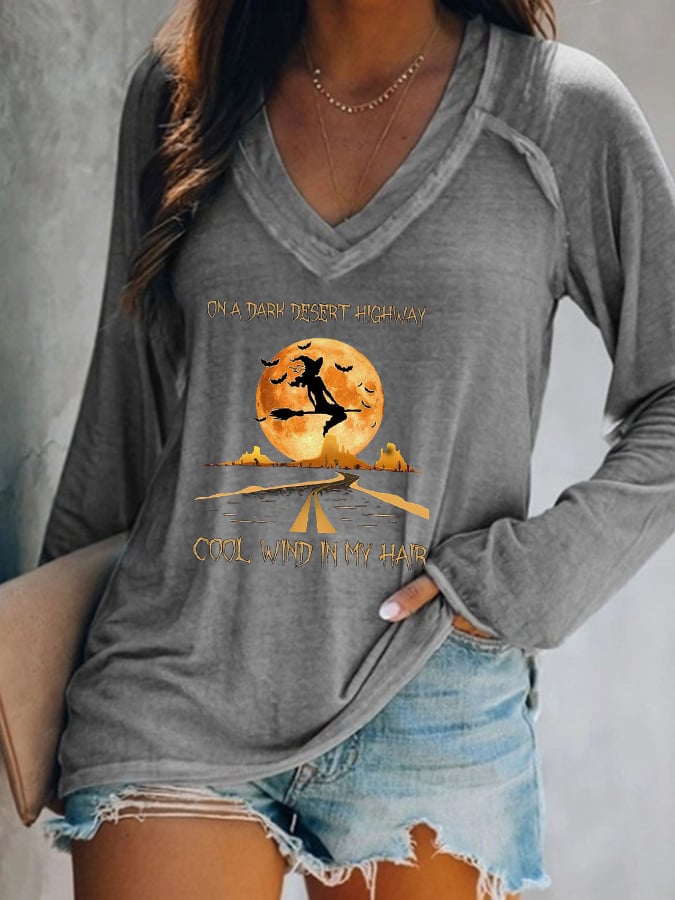 Women's Halloween On A Dark Desert Highway Cold Wind In My Hair Printed V-neck T-shirt