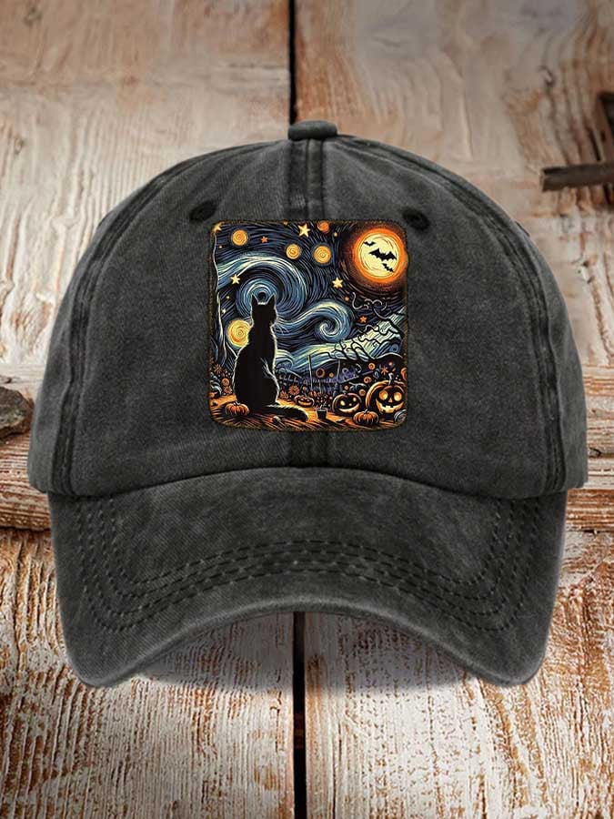 Retro Halloween Van Gogh Starry Night Cat Pumpkins Print Baseball Cap