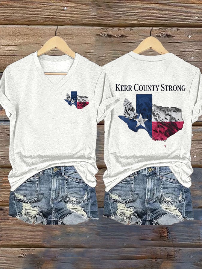Women's Texas Flood KERR COUNTY STRONG Print V-Neck T-Shirt