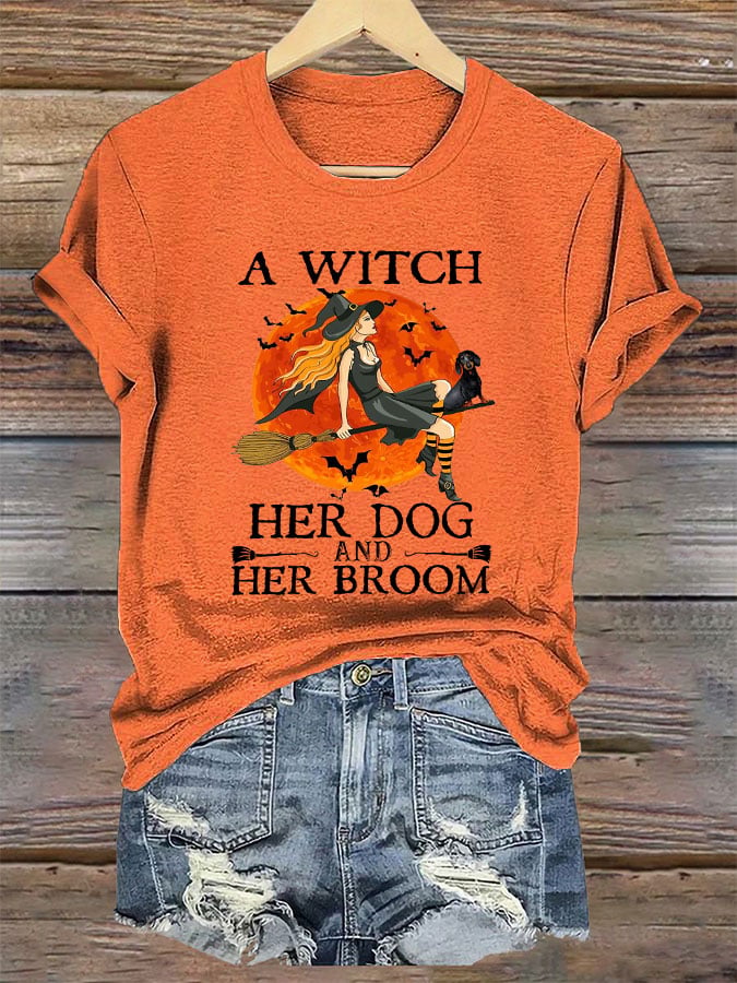 Women's A Witch Her Dog And Her Broom Print T-Shirt