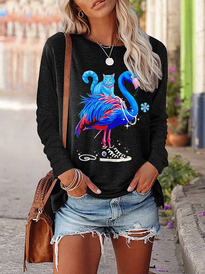 Women's Blue Flamingo and Blue Cat Long Sleeve T-Shirt
