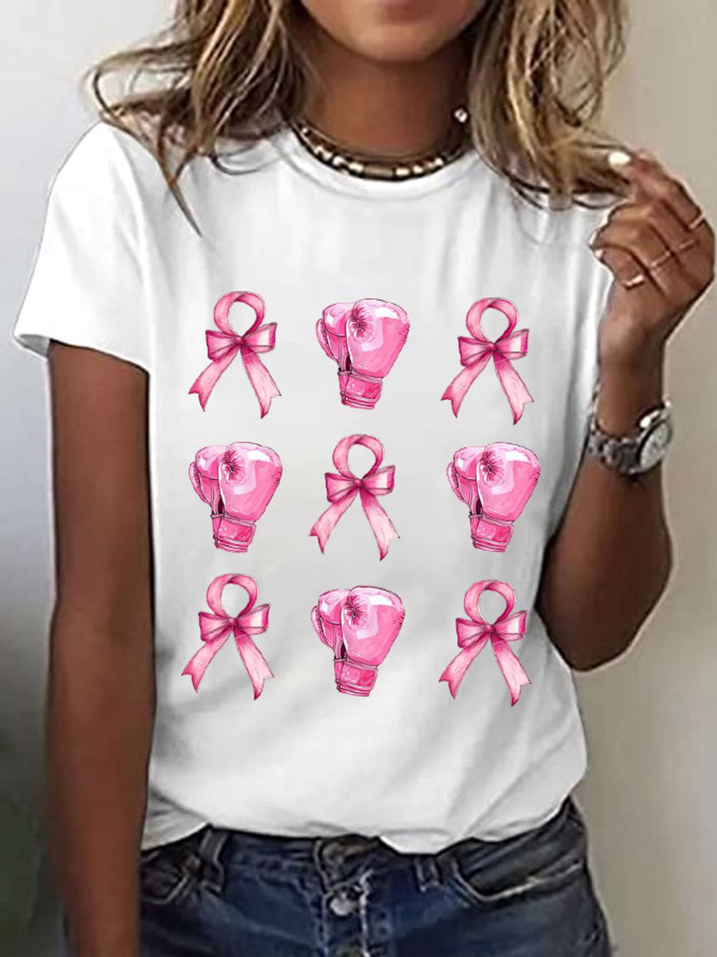 Women's Pink Bow Fight Breast Cancer Print T-Shirt
