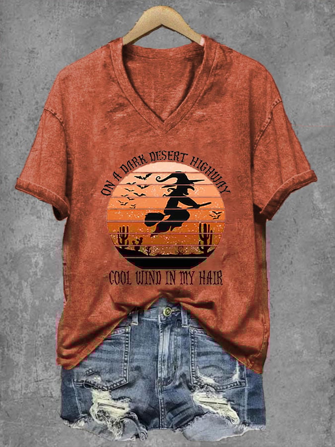 Women's Halloween On A Dark Desert Highway Cold Wind In My Hair  V-Neck Tee