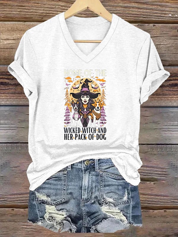 Home Of The Wicked Witch And Her Pack Of Dogs Print V Neck T-Shirt