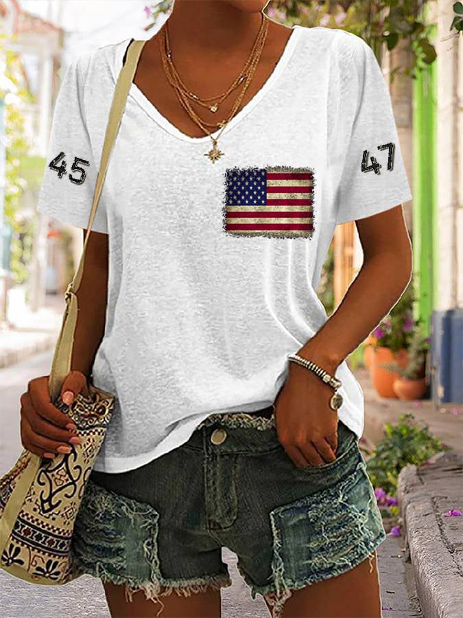 Women's 45-47 American Flag Print V-Neck T-Shirt