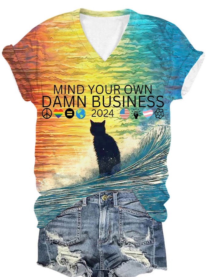 Women's Blue waves and cat print V-neck T-shirt