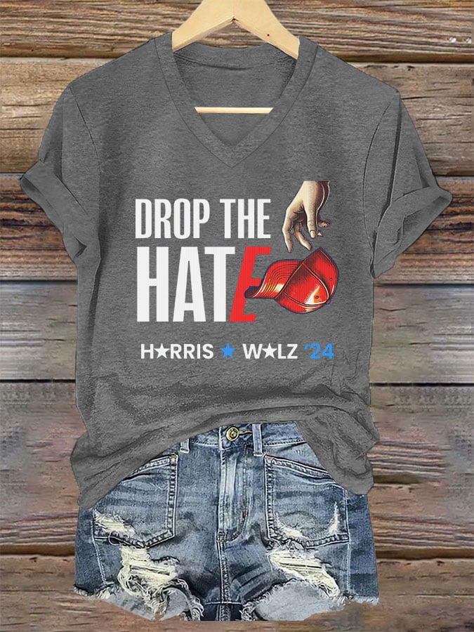 Women's Drop The Hate Printed V-Neck T-Shirt