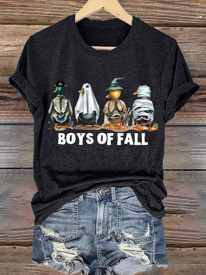 Retro Halloween Boys Of Fall Ghost Ducks Print T-Shirt