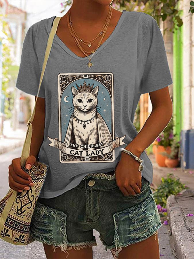 Women's Childless Cat Lady Print Round Neck T-Shirt