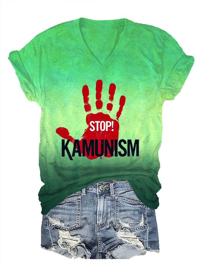 Women's Stop Kamunism Printed V-Neck T-Shirt