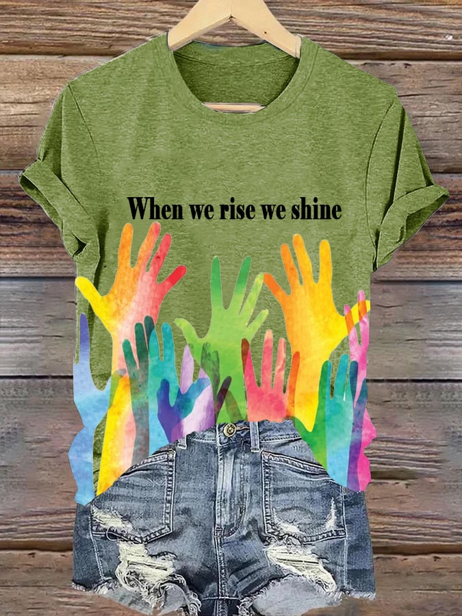 Women's When We Rise We Shine Printed V-Neck Short-Sleeved T-Shirt