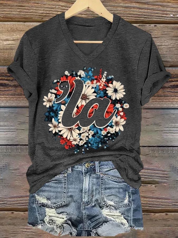 Women's Floral LA Cat Print Casual T-Shirt