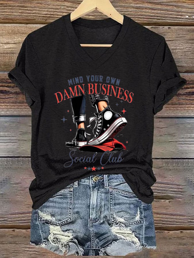 Women's Mind Your Damn Business Social Club Chucks&Red Hat Print T-Shirt