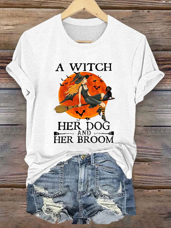 Women's A Witch Her Dog And Her Broom Print T-Shirt
