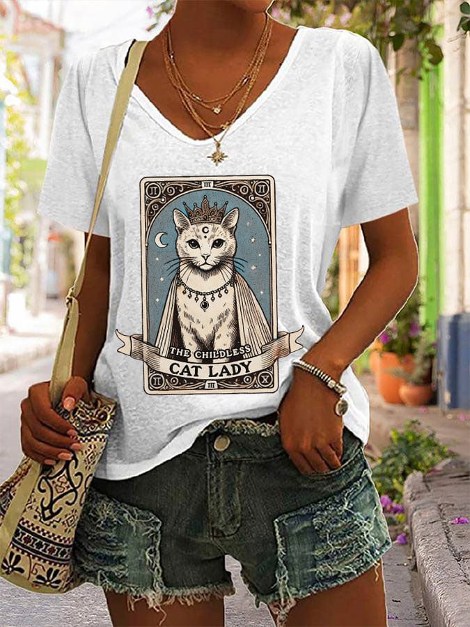 Women's Childless Cat Lady Print Round Neck T-Shirt