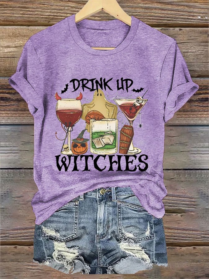 Women's Drink Up Witches Spooky Wine Glass Funny Halloween Casual Tee