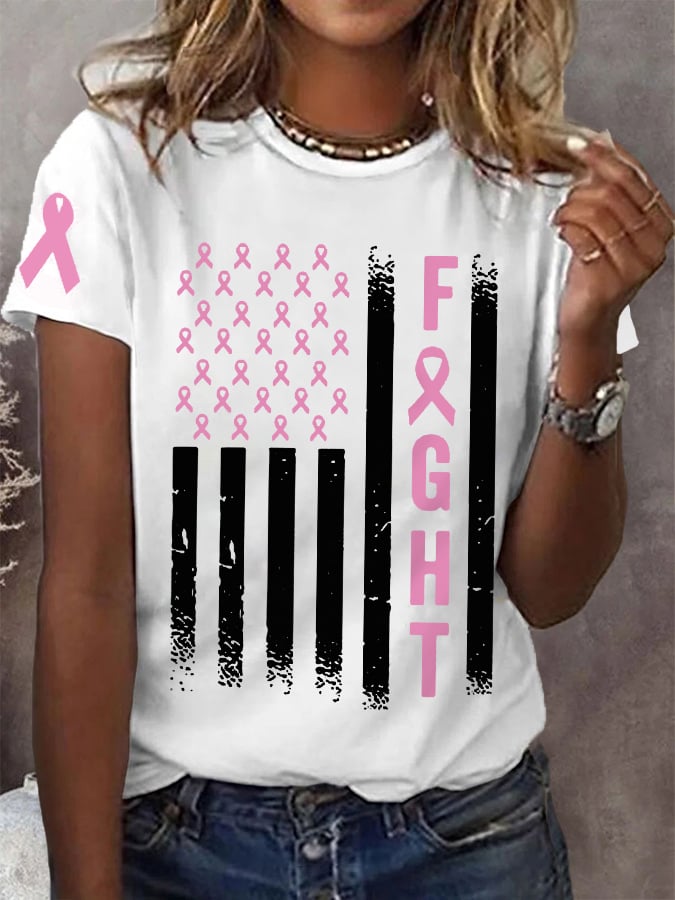 Women's Pink Ribbon Fight Breast Cancer Awareness Warrior American Flag Tee