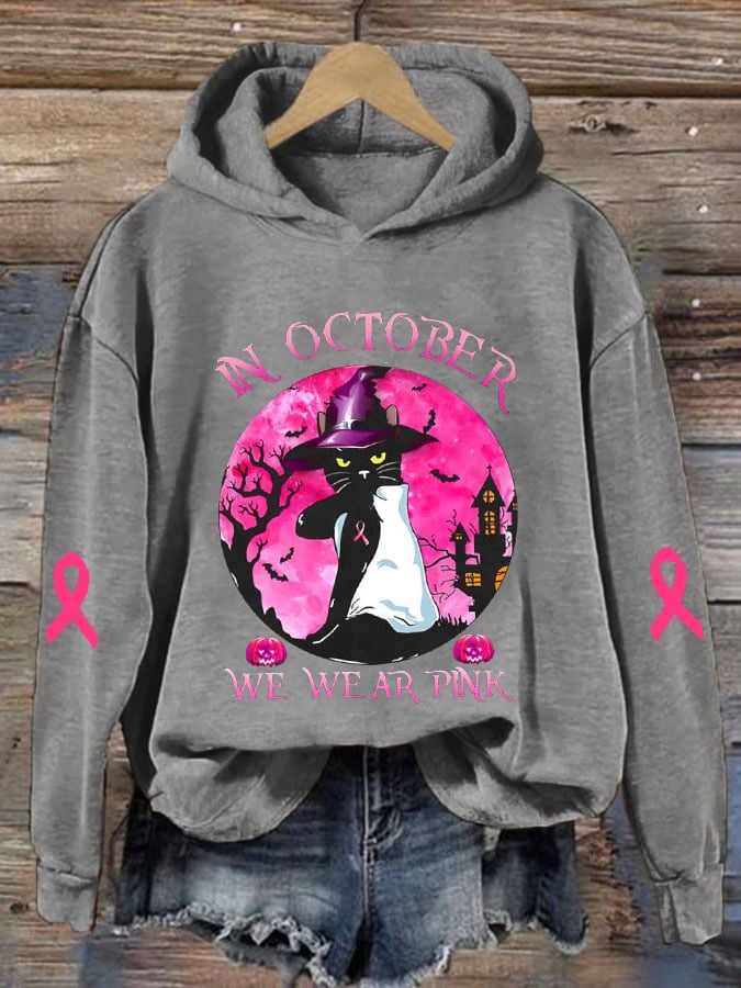 Women's Breast Cancer Awareness In October We Wear Pink With Black Cat Halloween Print Hoodie