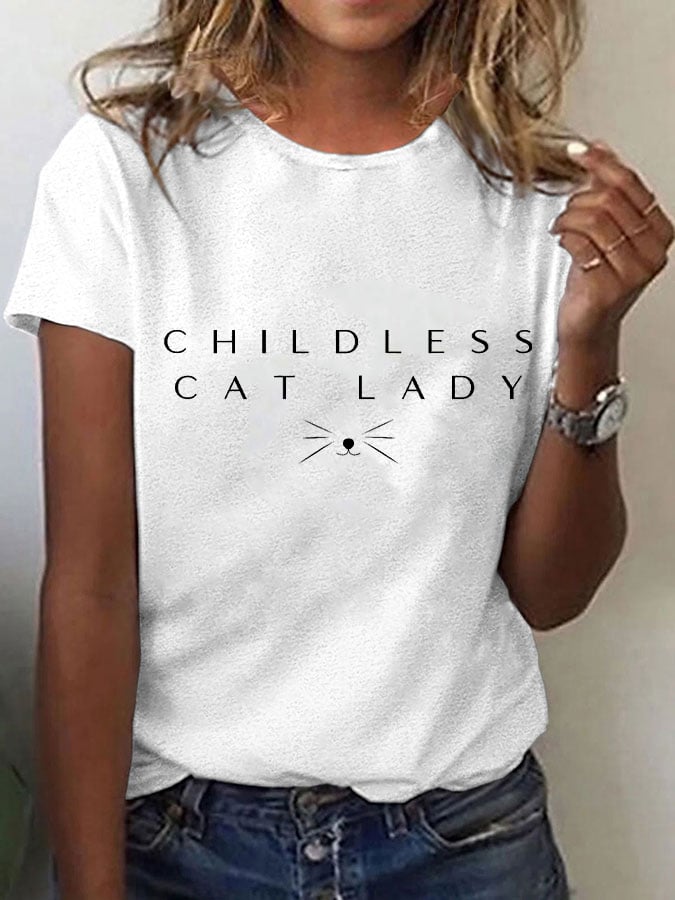 Women's Childless Cat Lady Print O-Neck T-Shirt