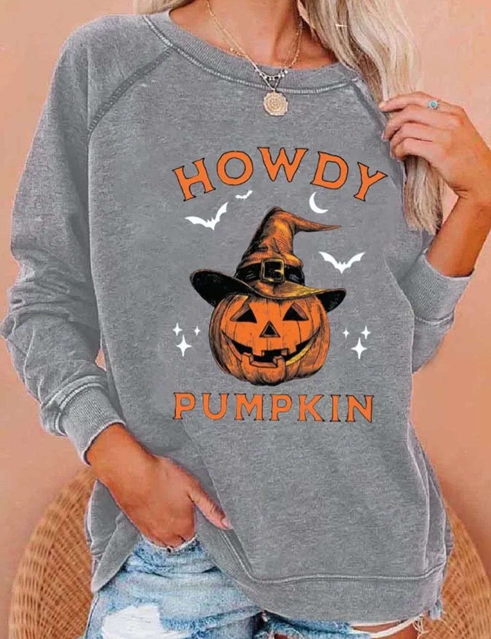 Women's Halloween Western Style Distressing Crew Neck Sweatshirt
