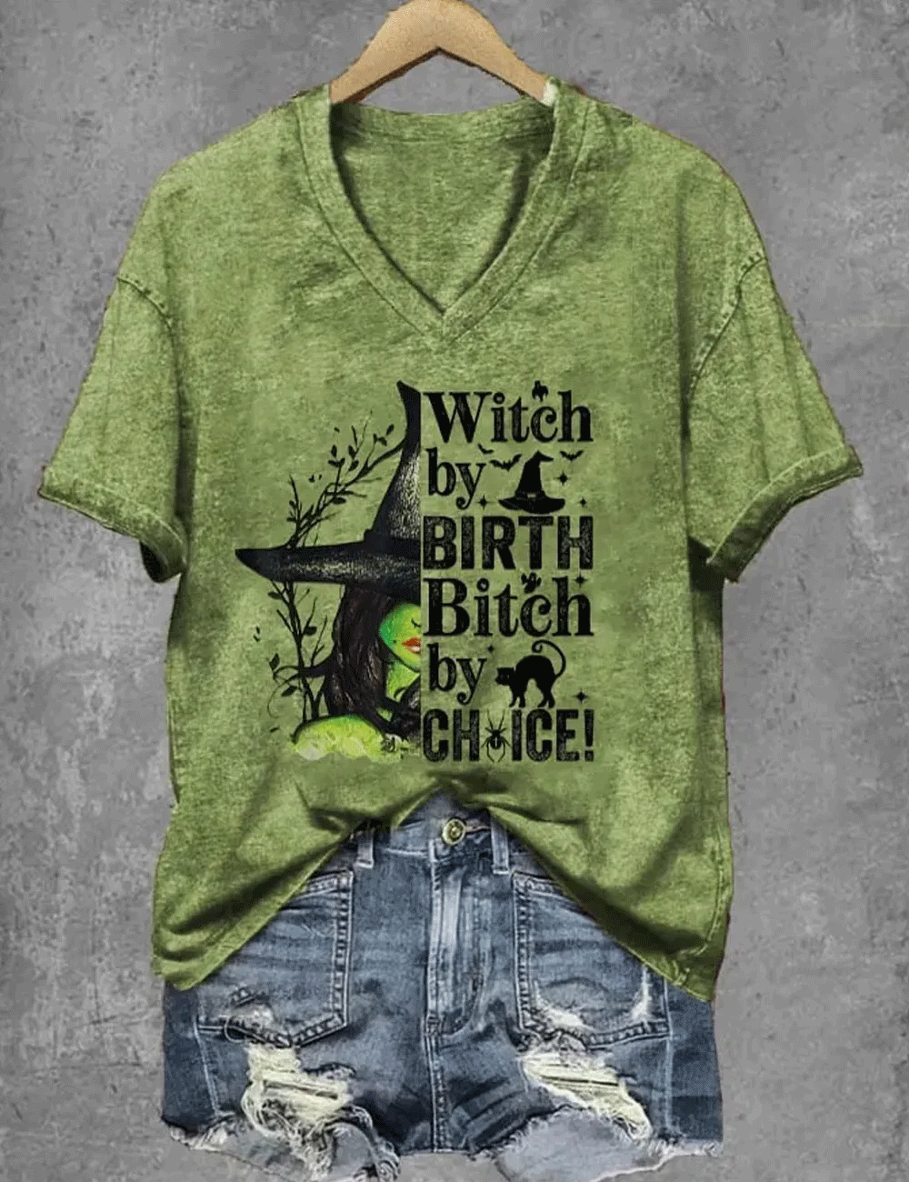 Women's Halloween Funny Witch By Birth Bitch By Choice Print V-Neck T-Shirt